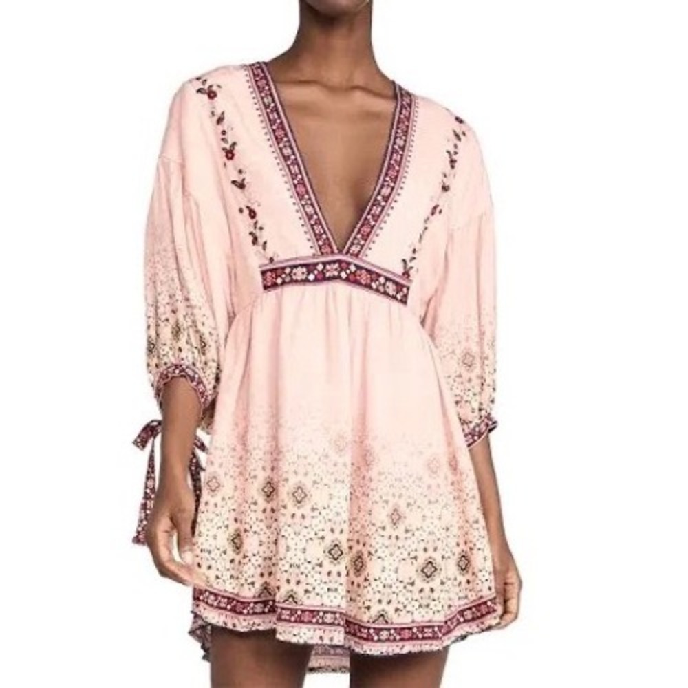 Agua Bendita Alex‎ Kezia Pink Floral Boho Mini Dress Deep V Open Back L/G